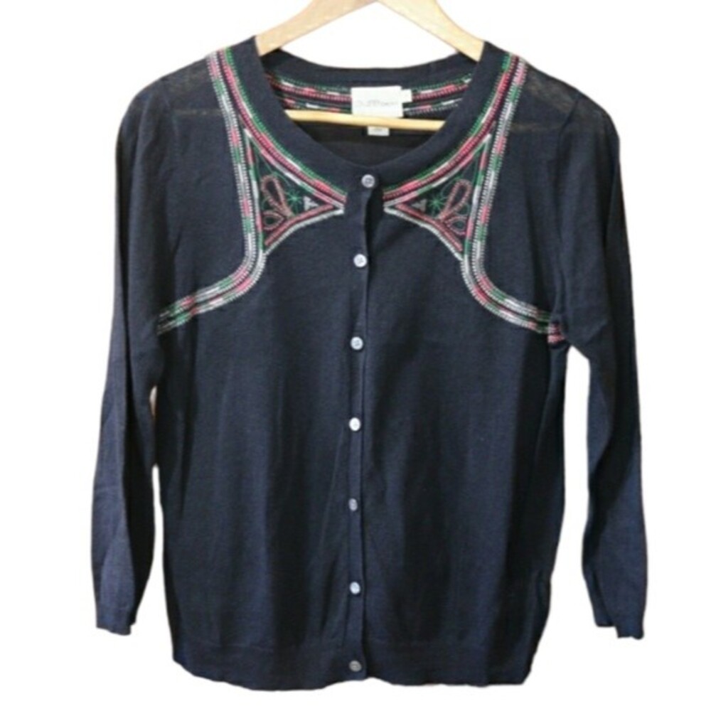 Pure DKNY Black Embroidered Cardigan Colorful Linen Blend Cropped Medium